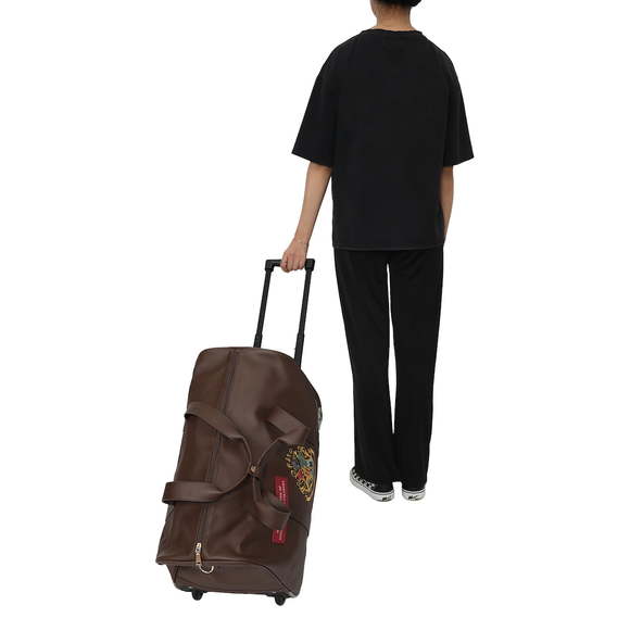 Rolling PU Duffle Bag Travel Luggage with Patches and Applique in Brown - Picture 5 of 7